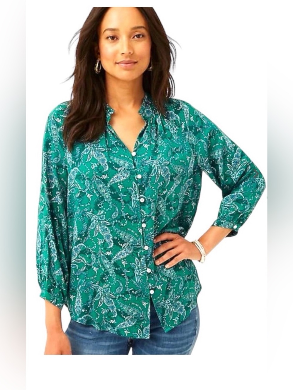 J. Jill Button-Down Blouse Plus Size 3x Emerald Green Paisley Shirt